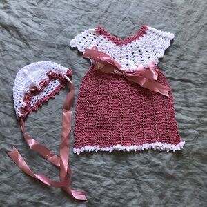 Crochet Burnt Pink and white New Born Baby Dress And Hat With Ribbon